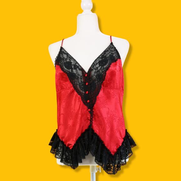 Lauren Alexandra Red Black Floral Lace Lingerie Button Up Cami Top, M - Picture 1 of 4